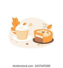 Thanksgiving Day pumpkin pie slice with cream and autumn leaves