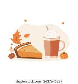 Thanksgiving Day pumpkin pie slice with cream and autumn leaves