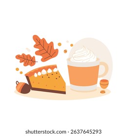 Thanksgiving Day pumpkin pie slice with cream and autumn leaves