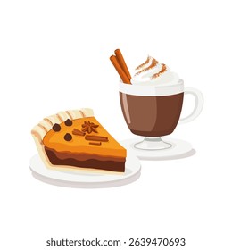 Thanksgiving Day pumpkin pie slice with cream and autumn leaves	
