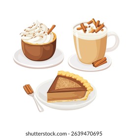 Thanksgiving Day pumpkin pie slice with cream and autumn leaves	

