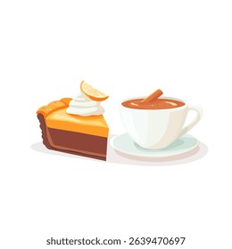 Thanksgiving Day pumpkin pie slice with cream and autumn leaves	
