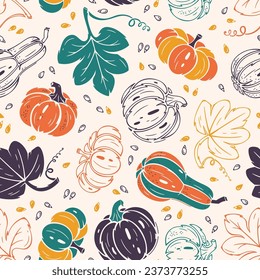 Thanksgiving Day. Pumpkin Seamless Pattern. Different Varieties of Pumpkins and Leaves. Autumn Harvest Symbols Repeating Background. Healthy Food. Vegetables Vector illustration.