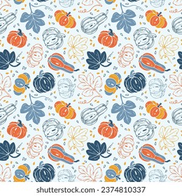 Thanksgiving Day. Pumpkin Seamless Pattern. Different Varieties of Pumpkins and Leaves. Autumn Harvest Symbols Repeating Background. Healthy Food. Vegetables Vector illustration