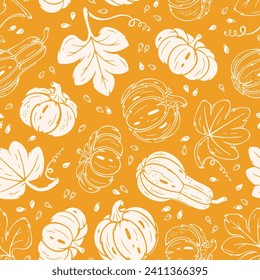 Thanksgiving Day. Pumpkin Seamless Pattern. Different Varieties of Pumpkins and Leaves. Autumn Harvest Symbols Repeating Orange Background. Healthy Food. Vegetables Vector illustration.