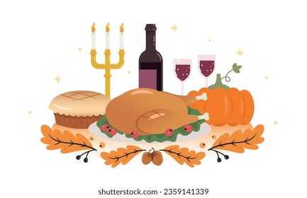 Thanksgiving Day with pumpkin and traditional dishes. Autumn food roast turkey corn wine pumpkin family dinner greeting card.