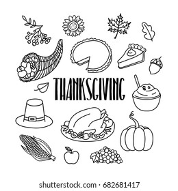 Thanksgiving day related hand drawn doodle icons. Holiday dinner.