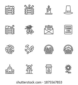 Thanksgiving day related line icons set, outline vector symbol collection, linear style pictogram pack. Signs, logo illustration. Set includes icons as harvest fruit and vegetable, pilgrim hat, acorn