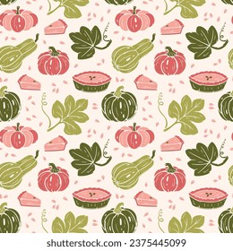 Thanksgiving Day Repeating Background. Autumn Harvest Symbols Seamless Pattern. Pumpkin Pie, Leaves and Different Varieties of Pumpkins. Healthy Food. Bakery and Vegetables Vector illustration. 