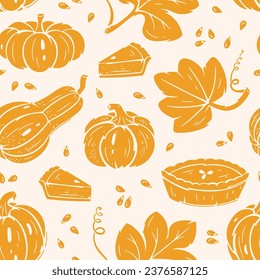 Thanksgiving Day Repeating Background. Autumn Harvest Symbols Seamless Pattern. Pumpkin Pie, Leaves and Different Varieties of Pumpkins. Healthy Food. Bakery, Vegetables Vector illustration. 