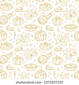 Thanksgiving Day Repeating Vector Background. Autumn Harvest Symbols Seamless Pattern. Outline Pumpkin Pie, Leaves and Different Varieties of Pumpkins. Healthy Food. Bakery, Vegetables illustration.