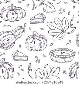 Thanksgiving Day Repeating Vector Background. Autumn Harvest Symbols Seamless Pattern. Outline Pumpkin Pie, Leaves and Different Varieties of Pumpkins. Healthy Food. Bakery and Vegetables illustration
