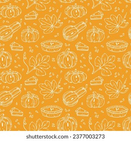 Thanksgiving Day Repeating Vector Orange Background. Autumn Harvest Symbols Seamless Pattern. Outline Pumpkin Pie, Leaves and Different Varieties of Pumpkins. Healthy Food. Bakery and Vegetables.