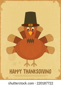 Thanksgiving Day. Retro Poster with Cartoon Turkey. Vector Illustration.