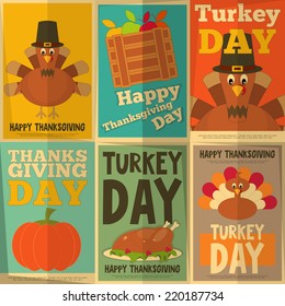 Thanksgiving Day. Retro Posters Collection with Cartoon Turkey. Vector Illustration.