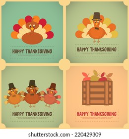 Thanksgiving Day. Retro Posters Set with Cartoon Turkey. Vector Illustration.