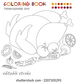 Thanksgiving Day. Roasted turkey and vegetables. Coloring template for children and adults. For relaxation and rest.
