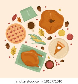 Thanksgiving Day round set. Cute vector Thanksgivings symbol set. Turkey, pumpkin, berry pie, tea, pumpkin cheesecake, cranberry sauce, corn and leaves. Flat autumn illustrations on white background.