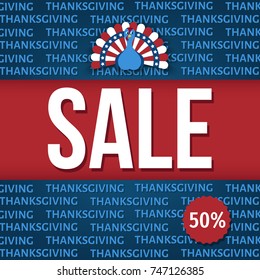 Thanksgiving day sale banner: 50 % off.  Funny  turkey bird in colors of flag of USA: blue, red, white. Patriotic poster.  Vector  background  in flat style.