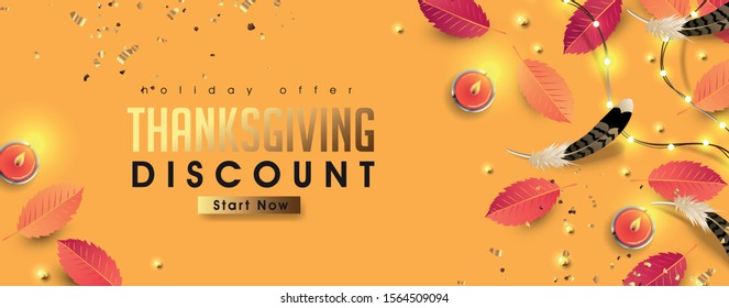 Thanksgiving day sale banner background with sparkling lights garland and autumn fall,candle. Celebration quotation for card.vector illustration.