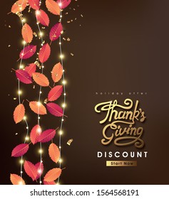 Thanksgiving day sale banner background with sparkling lights garland and autumn fall. Celebration quotation for card.vector illustration.