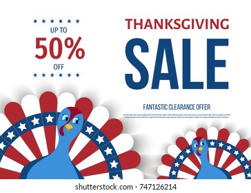 Thanksgiving day sale banner. Cartoon funny  turkey bird in colors of flag of USA: blue, red, white. Patriotic poster.  Vector   background.