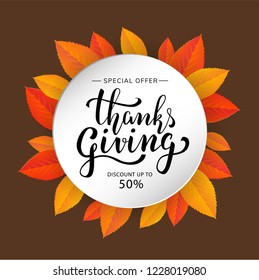 Thanksgiving day sale banner design with white circle lettering and orange leaves. Special offer discount up to 50%. - Vector