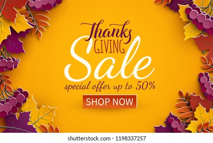 Thanksgiving day sale banner template. Autumn paper tree leaves, yellow background. Autumnal design for fall seasonal sale banner, advertising poster, flyer, paper cut out style, vector illustration