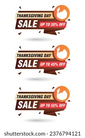 Thanksgiving day sale brown origami labels set. Sale 35%, 45%, 55% off discount. Vector illustration
