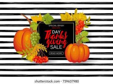 Thanksgiving day sale design. Sale banner with pumpkin, grapes, rowanberry and leaves. Calligraphic inscription.