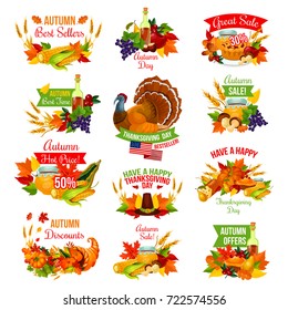 Thanksgiving day sale icons for autumn seasonal promo discount shopping. Turkey, fruit pie or maple leaf and pumpkin, wine or honey and oak acorn or mushroom harvest in cornucopia. Vector isolated set