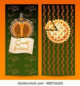 Thanksgiving Day sale illustration. Vector cards with cute Turkey Birds, pie, acorns and text Crazy Price. 