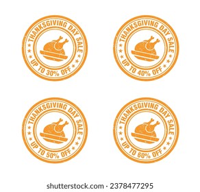 Thanksgiving day sale orange grunge stamp set. Sale 30, 40, 50, 60 percent off. Vector illustration