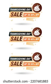 Thanksgiving day sale origami labels set. Sale 35%, 45%, 55% off discount. Vector illustration
