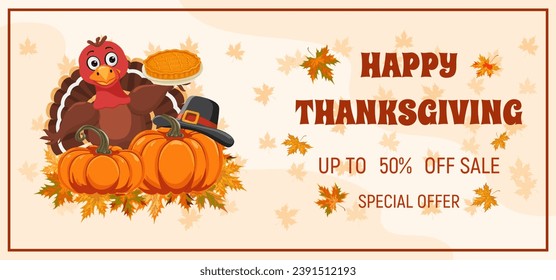 Thanksgiving Day Sale Promo Poster. Holiday discount banner with turkey bird, pumpkin, pumpkin pie, pilgrim hat. Vector illustration for poster, banner, special offer.