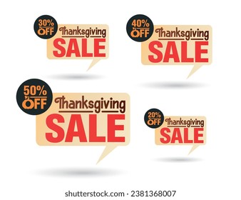 Thanksgiving day sale tag speech bubble set. Sale 20%, 30%, 40%, 50% off discount. Vector illustration