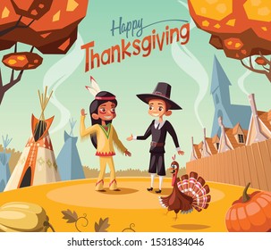 Thanksgiving day scene,Pilgrim  and Indian salute each other