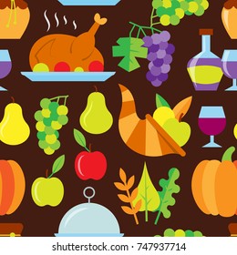 Thanksgiving day seamless pattern. Color on dark background vector illustration. Colorful season celebration symbol food family diner Print, wrapping, package, web, textile, card, banner, flyer design