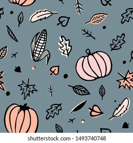 Thanksgiving day seamless pattern with corn cobs, pumpkins, and autumn leaves. Doodle vector ornament isolated on grey background.