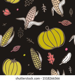 Thanksgiving day seamless pattern with corn cobs, pumpkins, and autumn leaves. Doodle vector ornament on black background.