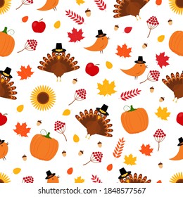 Thanksgiving day seamless pattern. Cute cartoon seasonal elements.  Easy to edit vector template for greeting card, poster, banner, flyer, fabric, t-shirt.