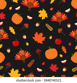 Thanksgiving day seamless pattern. Cute cartoon seasonal elements.  Easy to edit vector template for greeting card, poster, banner, flyer, fabric, t-shirt.