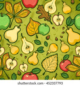 Thanksgiving Day seamless pattern with fruits and leaves of trees. Pear and apple