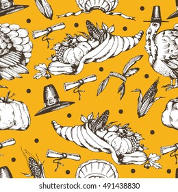 Thanksgiving Day seamless pattern. Hand drawn vintage illustrations. Turkey and food elements for holiday design. Holiday background..