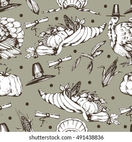 Thanksgiving Day seamless pattern. Hand drawn vintage illustrations. Turkey and food elements for holiday design. Holiday background..