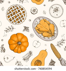 Thanksgiving day seamless pattern. Hand drawn vector illustration. Food hand drawn sketch. Festive dinner with turkey. Autumn food sketch. Engraved image.