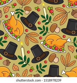 Thanksgiving Day seamless pattern with holiday objects. Design for greeting card, gift box, wallpaper, fabric, web design.