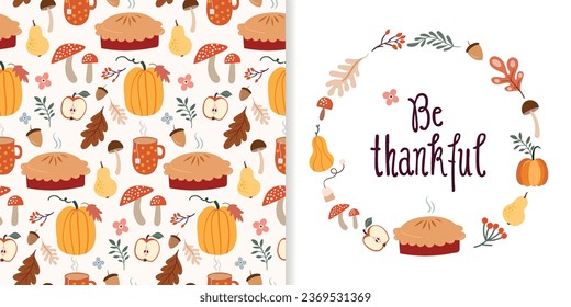 Thanksgiving day seamless pattern and invitation, poster, seasonal autumn elements