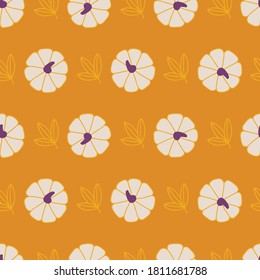 Thanksgiving Day seamless pattern with leaves and white pumpkins on yellow background. Perfect for gift paper, wallpaper, autumn holidays, greeting cards, food decoration, fabric 