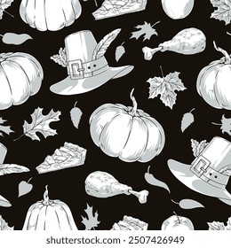 Thanksgiving day seamless pattern monochrome with pumpkins and irish pilgrim hats near pieces of pie vector illustration